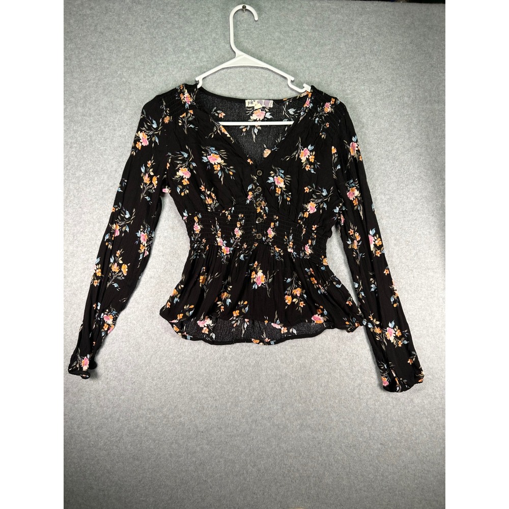 Jolt Floral Blouse Womens Small Black Rayon Smocked Waist Peplum Top Long Sleeve
